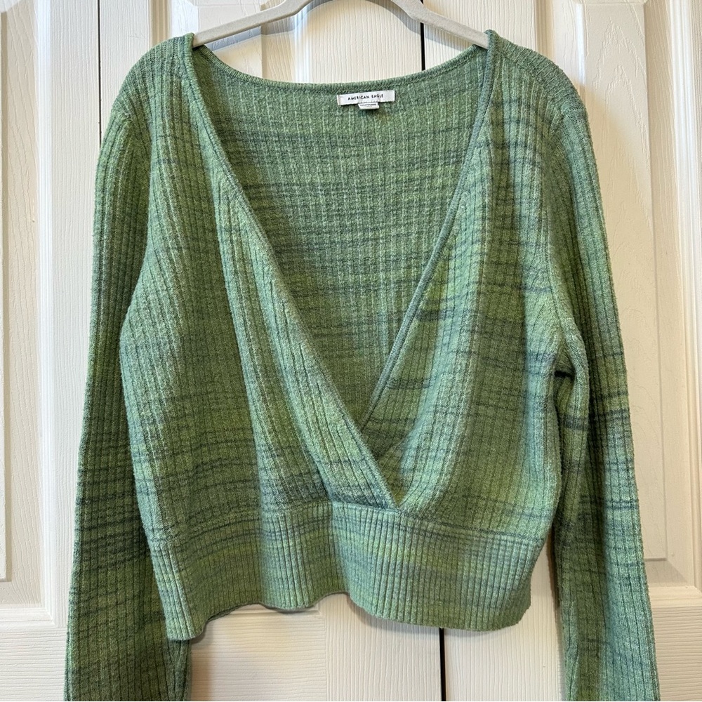 American Eagle Faux Wrap Cropped Ribbed Long Sleeve Sweater Top Womens Size XXL - Picture 10 of 11